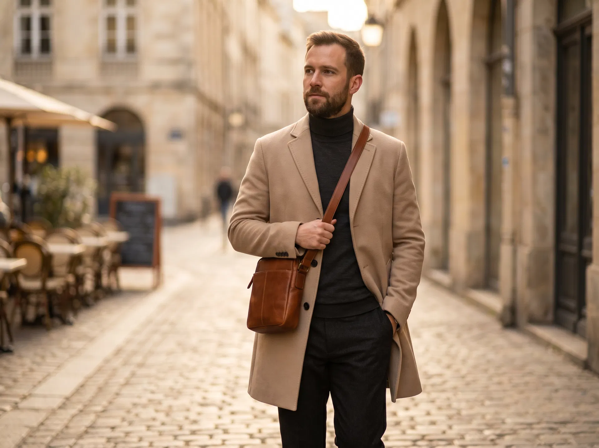 Man in tailored coat carrying a cognac leather crossbody bag on a European cobblestone street